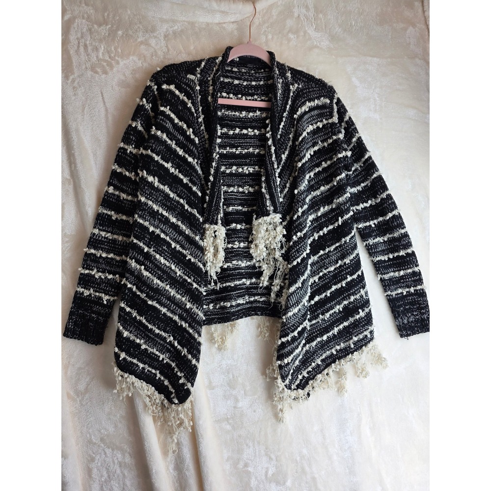 Anthropology Fee Verte Black‎ White Striped Open Front Fringe Cardigan Sweater